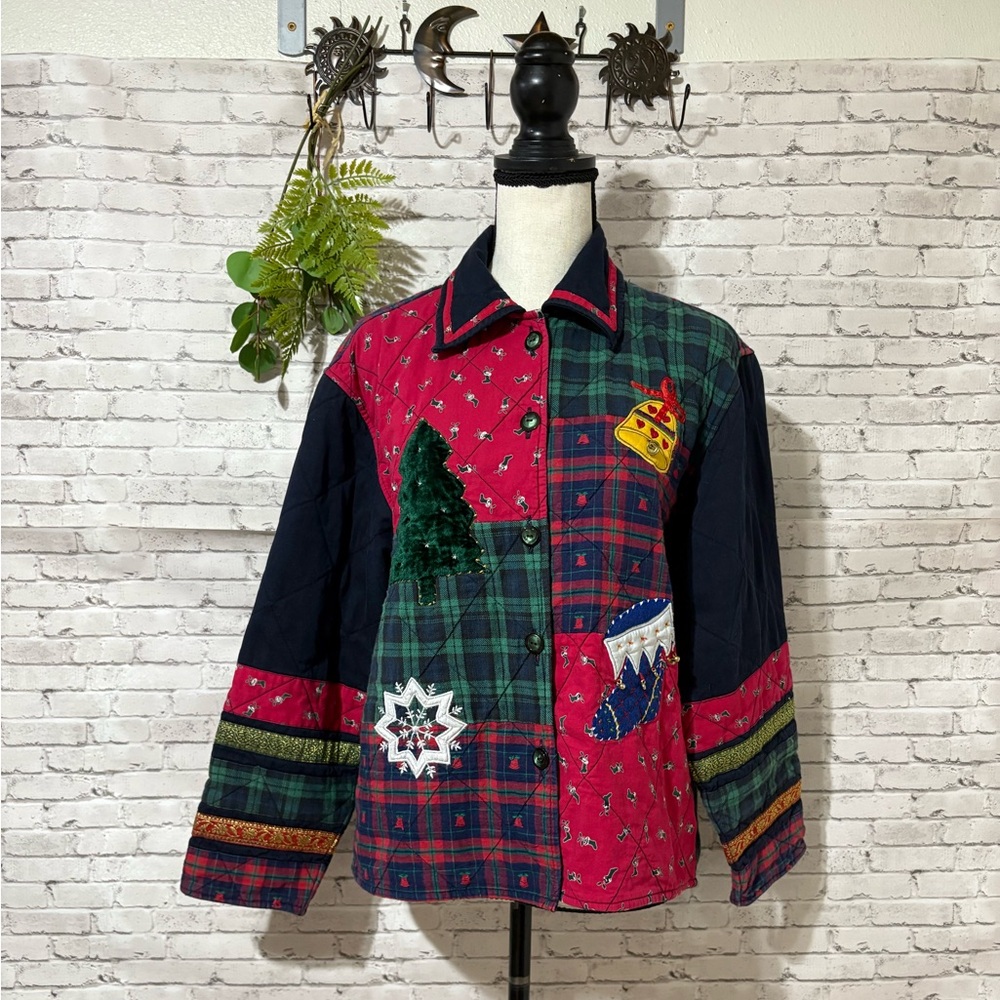 Vintage Keren Hart Patchwork Nostalgia Plaid Jingle Bell Christmas HolidayJacket
